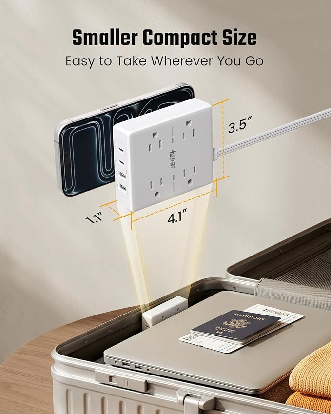 SUPERDANNY Flat Plug Power Strip Surge Protector 10 Ft Long Flat Extension Cord with 4 Outlets & 4 USB (2 USB-C) Charging Station for Home Office, College Dorm Room Essentials, Travel, White