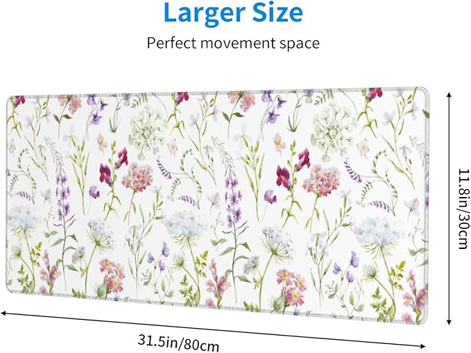 Floral Large Gaming Mouse Pad, Extended Flower Mousepad, Big Long Non-Slip Mouse Mat for Keyboard, Computer for Office, 31.5 * 11.8 in