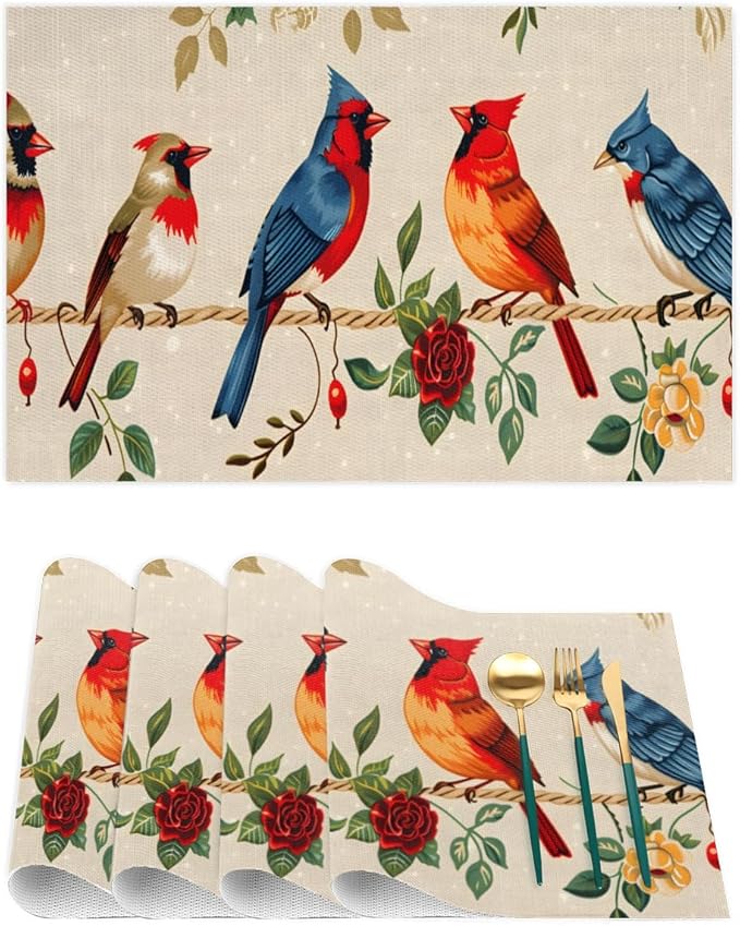 Placemats Set of 4 Heat-Resistant Rectangle Place Mats Retro Bird Cardinals Washable Plastic PVC Dining Table Mat Non-Slip Wipeable Woven Vinyl Placemat for Kitchen Patio Table Decor
