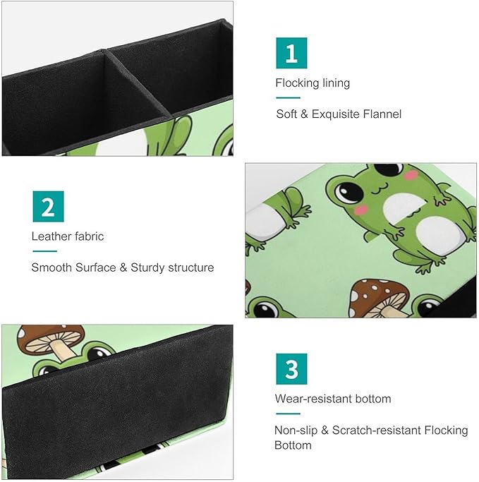 Square Pen Holder with Anti-Slip Bottom Cute Green Frog Mushroom, Practical and Chic Desk Organizer