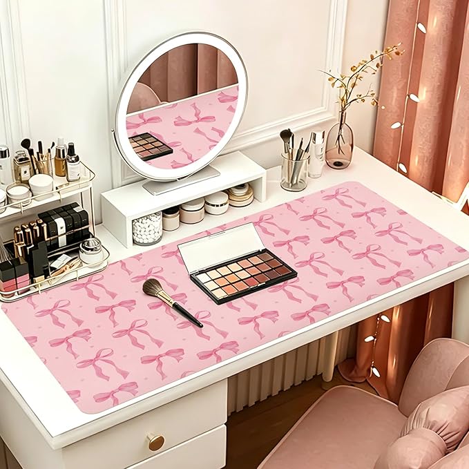 Pink Desk Mat, Large Mouse Pad Pink Bow Keyboard Mat Computer Pad, Cute Girly Pink Desk Accessories, PU Leather Desk Pad Protector, Waterproof Desk Blotter Writing Pad Non-Slip Base, 31.5 x 15.7