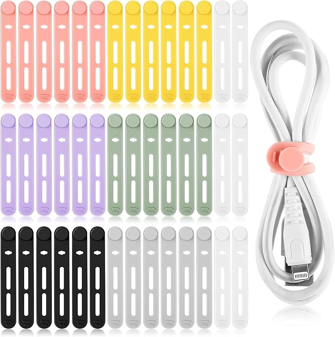 Tellegloww 42 Pcs Silicone Cable Ties Reusable Cord Organizer Adjustable Data Cable Wraps for Earphone Phone Charger Computer Cord Management Straps Travel Essentials(Multicolor,3.15 Inch)