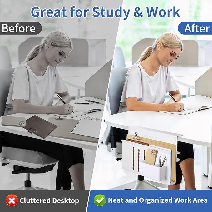 LUKETURE Laptop Holder, Steel Desk Side Storage, No Drill Standing Desk Accessories, Laptop Mount with Pen Holder, Back to School Supplies, Fits Flat Edge Tables 0.3" to 2.8" (White, M(1 Tier))