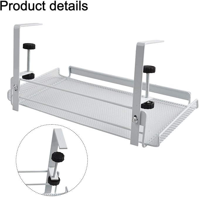 Adjustable Under Desk Cable Management Tray, 4.5-8.5cm Height Carbon Steel Wire Organizer Shelf for Office Home, No Drill Hanging Cord Holder Rack, Black or White(White L)