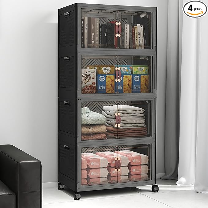 UAMFURI Stackable Storage Bins with Lids, 192QT Closet Organizers, Lockable Storage Cabinet，Foldable Storage Box with Doors and Wheels, Plastic Drawers for Home, Garage, Office (4, Black, Medium)