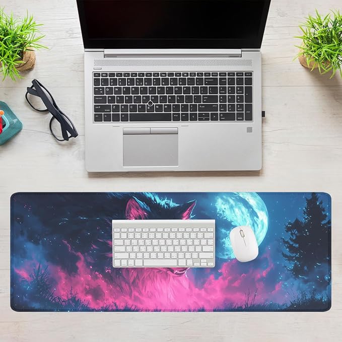 Wolf Monster Mouse Pad Night Sky Blue Moon Pink Neon Weird Extended Mousepad XXL Computer Laptop Keyboard Mouse Mat Big Aesthetic Desk Decor Pad 31.5x11.8 in