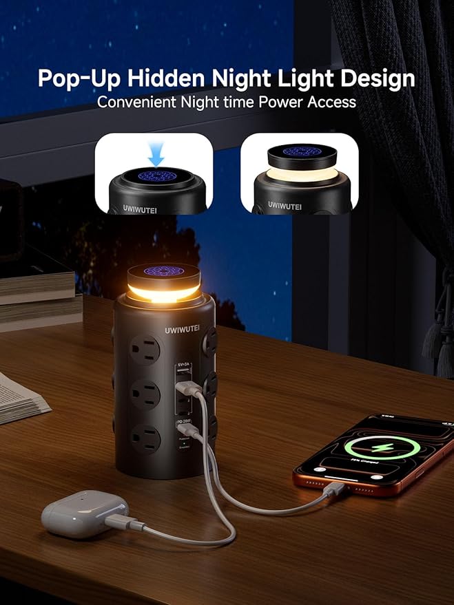 Tower Power Strip Surge Protector with Wireless Charging & Night Light - PD20W Fast Charging Station,12 Outlets, 5 USB (3 USB-C),1800J Protection, 10FT Extension Cord, Home Office Essentials(Black)