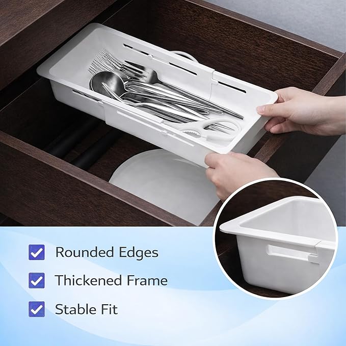 2-Pack Expandable Drawer Organizer for Deep Drawers, Adjustable 17–27 in Storage Tray, Durable PP Smooth Glide Divider for Kitchen, Vanity & Office, Space-Saving Design