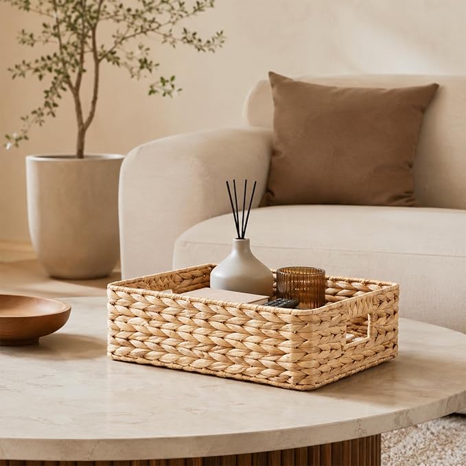 YAHUAN Pantry Basket, Water Hyacinth Storage Basket with Handles Shallow Basket for Organizing, Shelves, Pantry Organizers and Storage, 15.35"L x 11.8"W x 4.72"H (Brown)