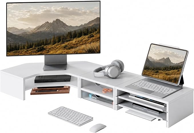 Fenge L Shape Monitor Stand Riser, Corner Triangle Computer Monitor Shelf with Drawers and Slide-out Trays, Wooden Desk Shelf Organizer for Laptop Computer Printer Home Office Desk, Holds up to 132lbs, White