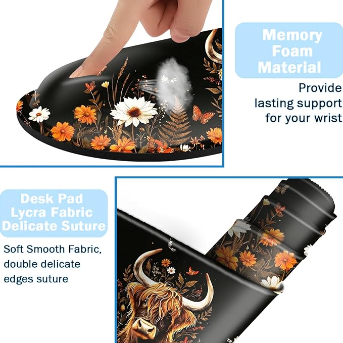 Ergonomic Mouse Pad Set with Wrist Support for Keyboard and Wrist Rest for Mouse, Memory Foam Comfort, Non-Slip Large Desk Mat for Home Office Pain Relief,Cow Daisy Butterfly