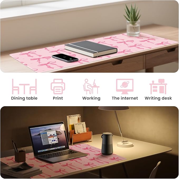 Pink Bow Mouse Pad, Desk Mat Large Bows Laptop Pad Computer Mat, Gaming Keyboard Mat Non-Slip Rubber Base Desk Pad, Stitched Edge, Cute Girly Pink Desk Accessories Women Office Decor 23.6" x 11.8"