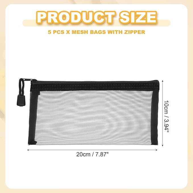 PATIKIL A6 Mesh Zipper Pouch Bags, 5 PCS Mesh Bags with Zipper Plastic Storage Pocket for Organizing File Beads Office Home Supplies, 10x20cm, Black