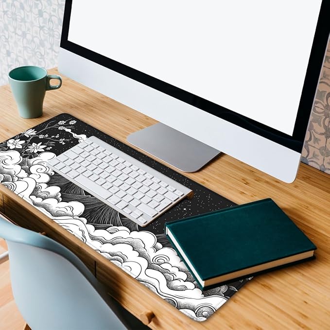 Moon Mountain Gaming Mouse Pad Black White Landscape Zen Mountain Mousepad Extended Large Laptop Keyboard Non-Slip Rubber Base with Stitched Edges 31.5x11.8 Inch