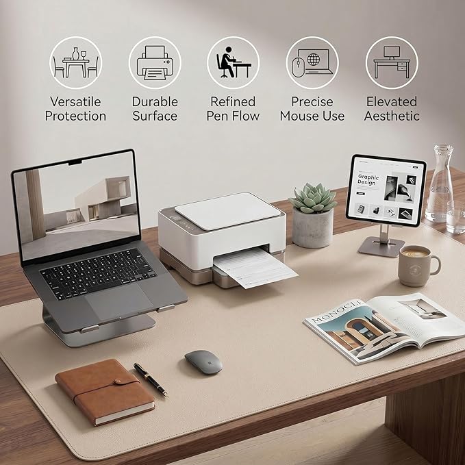 Large Desk Pad Non-Slip Desk Mat Protector for Keyboard Mouse Waterproof Vegan Leather Surface Faux Leather Laptop Mat Smooth Mouse Pad Premium Gift Tube Warm Beige 55" x 23"