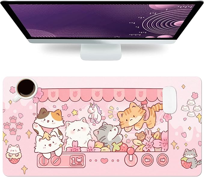Cute Cat Desk Mat, Kawaii Claw Machine Large Mouse Pad for Desktop, PU Leather Waterproof Desk Pad, Anti-Slip Computer PC Laptop Protector Gaming Mouse Pads for Office Home Decorations