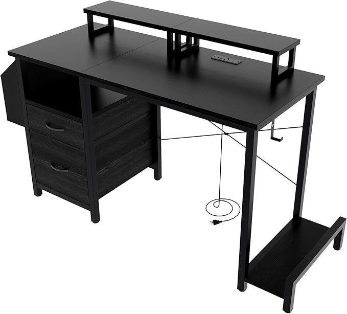 Home Office Desk with Side Pocket and Drawers, Modern Computer Desk for Small Space Bedroom, 47 Inch Gaming Desk with Power Outlet & 2 Movable Monitor Shelves (Black)