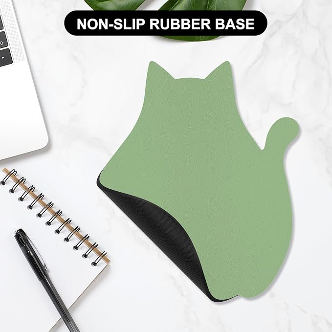 Funny Leather Mouse Pad Cute Cat Shape Office Desk Accessories Decor for Women Small Mousepad with Non-Slip Rubber Base Washable Waterproof, 9.7" x 8", Lake Green