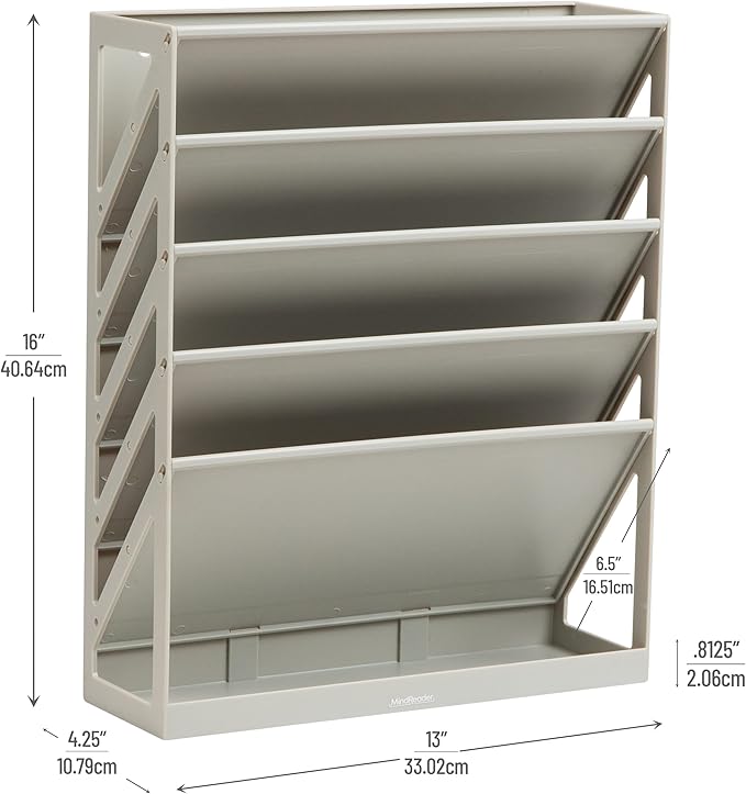 Mind Reader 5-Tier Vertical File Storage, Desktop Organizer, Wall Mount, Office, Plastic, 13"L x 4.25"W x 16"H, Beige