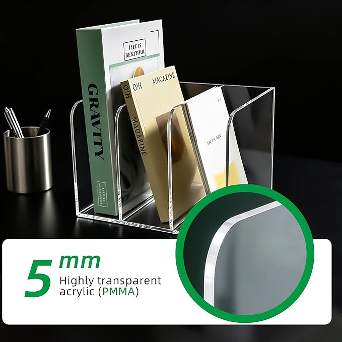 3-Slot Clear Acrylic Magazine File Holder – Vertical Desk Organizer for Books, Folders & Tablets, 8.97×7.48×6.69 Inches