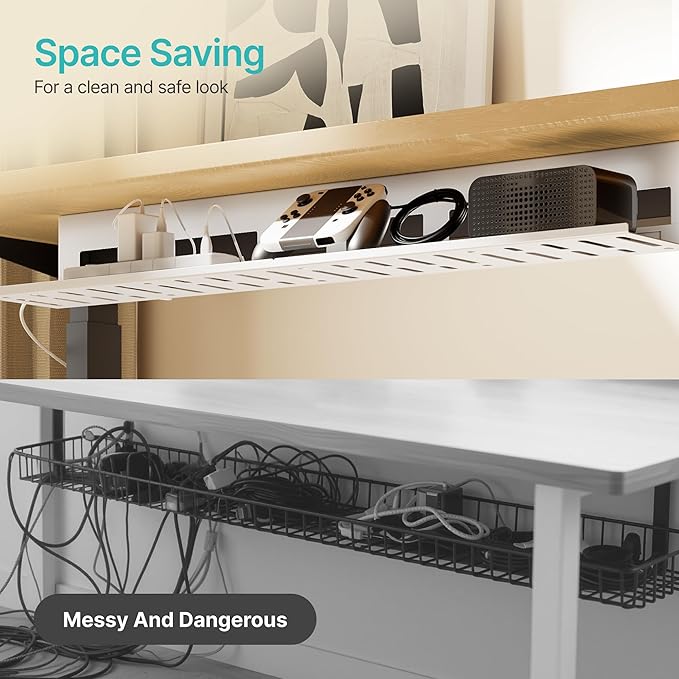 PEGZONE Under Desk Cable Management Tray, 31.5 Inches Metal Cord Organizer Rack, Desk Tray for Power Strip, Cord, Wire, Easy Mounting Cable Management Under Table for Home Office, White
