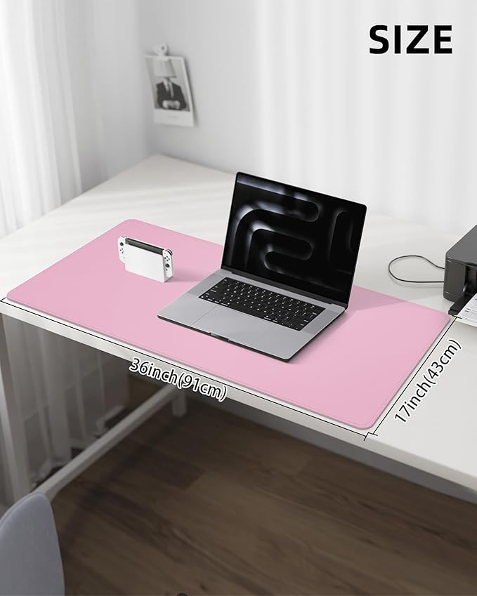 AFIING Leather Desk Pad Protector, Large Mouse Pad, Non-Slip Waterproof PU Leather Desk Mat, Desk Blotter Cover for Office and Home (Pink, 36" x 17")