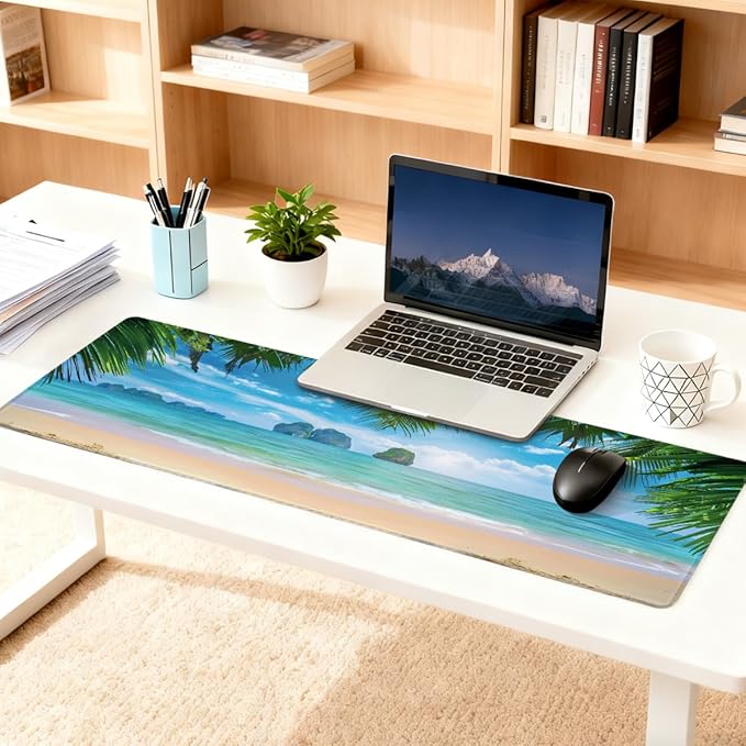 Summer Sea Palm Beach Large Mouse Pad Non-Slip Rubber Long Gaming Desk Mat Big Computer Keyboard Mousepad Waterproof Protector Wristing Pad for Gaming Office Home Decorative 31.5 X 11.8 Inch