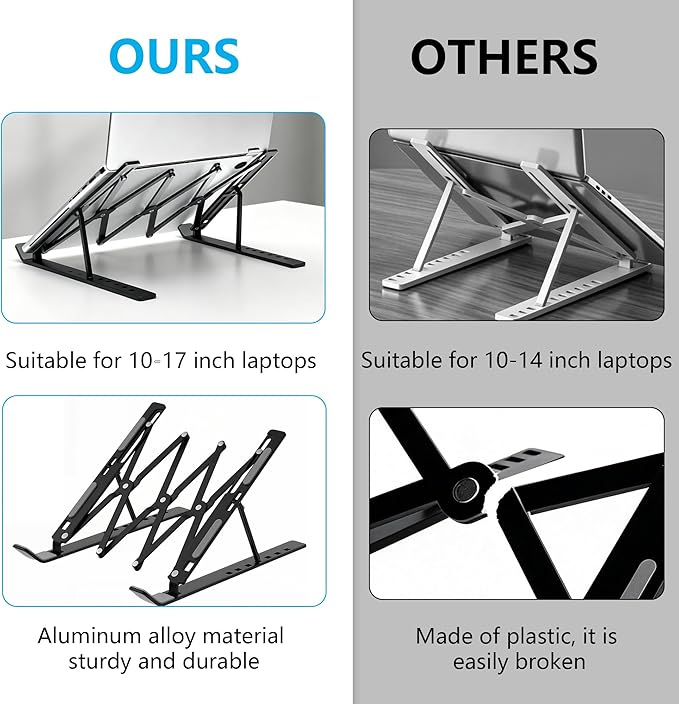 Laptop Stand for Desk, Adjustable 7-Level Aluminum Riser, Ergonomic Notebook Holder, Portable Foldable Laptop Stands Travel for 10-17” Laptops, MacBook, Notebook (Black)