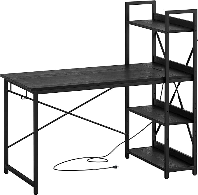 IRONCK Computer Desk 47" with Power Outlet and Storage Shelves, Study Writing Table with USB Ports Charging Station, PC Desk Workstation for Home Office, Black