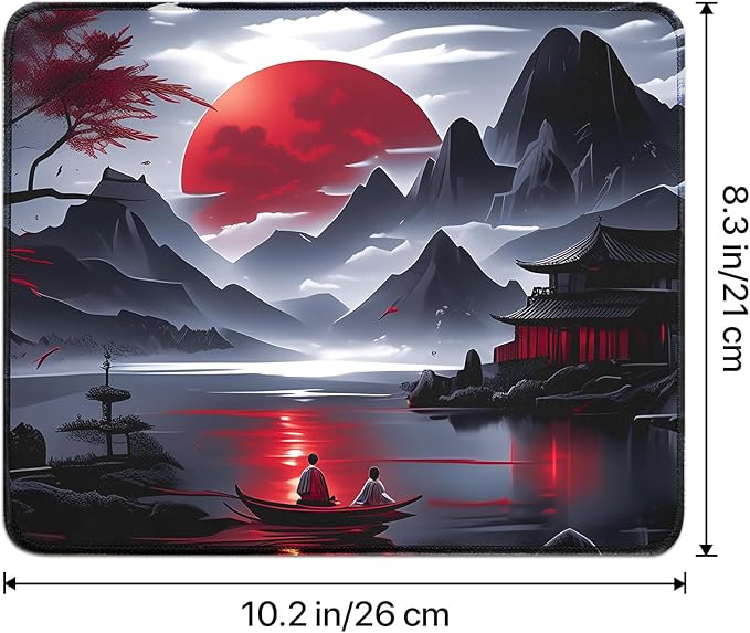 FreeNook Small Gaming Mouse Pad, Anime Black Mousepad with Stitched Edges, Expanded Cool Desk Mat, Japanese Red Moon Keyboard Mat Suitable for Home Office,10.2 X 8.3 Inch