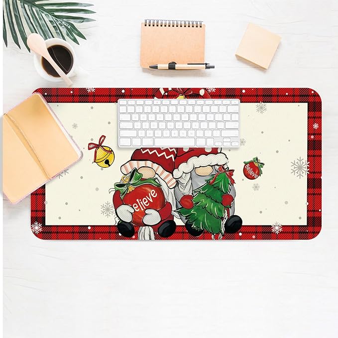 Christmas Desk Mat, Buffalo Plaid Gnome Bell Xmas Tree Large Mouse Pad for Desktop, PU Leather Waterproof Desk Pad, Computer PC Laptop Protector Gaming Mouse Pads for School Office Home 23.6" x 11.8"