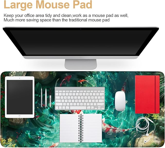 Large Mouse Pad Koi Fish Desk Mat, Extended Gaming Mouse Pad with Non-Slip Rubber Base, Thick 3mm Smooth Surface Keyboard Mat for Office & Home,35.43 x 15.75 in