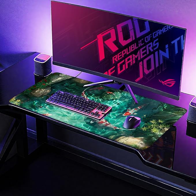 Large Mouse Pad Koi Fish Desk Mat, Extended Gaming Mouse Pad with Non-Slip Rubber Base, Thick 3mm Smooth Surface Keyboard Mat for Office & Home,35.43 x 15.75 in
