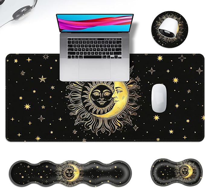 Ergonomic Mouse Pad Set with Wrist Support for Keyboard and Wrist Rest for Mouse, Memory Foam Comfort, Non-Slip Large Desk Mat for Home Office Pain Relief,Sun Moon Star