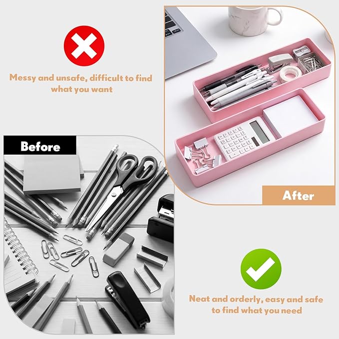 Teling 2 Pcs Pink Large Rectangular Desk Organizer Set, Half Accessory Tray, Plastic Tabletop Organizer for Office, Home, or Study, Dimensions: 9.45 x 2.95 x 1.38 Inches