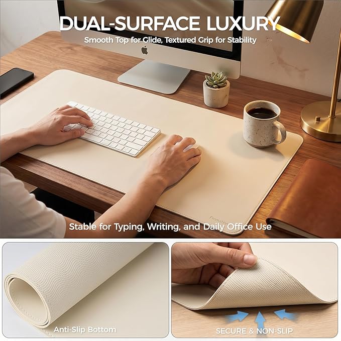Large Desk Pad Non-Slip Desk Mat Protector for Keyboard Mouse Waterproof Vegan Leather Surface Faux Leather Laptop Mat Smooth Mouse Pad Premium Gift Tube Creamy White 47" x 17"