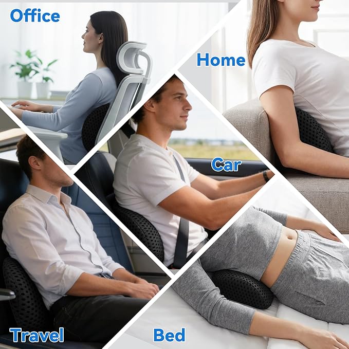 Lumbar Support Pillow, Memory Foam Lumbar Pillow for Office Chair and Car Seat, Back Pillow for Lower Back Pain Relief, Back Support Pillow for Sitting, Driving, Traveling (Dark Black)
