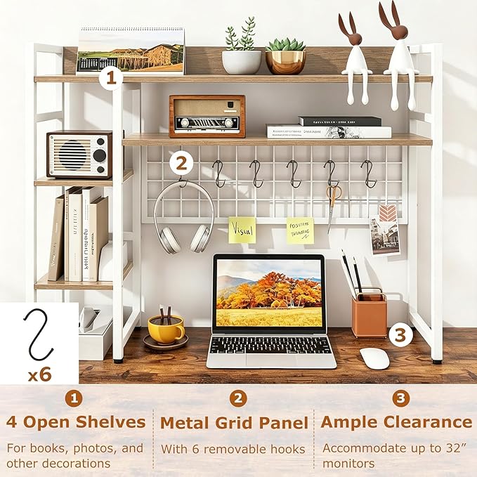COSTWAY Desktop Bookshelf for Monitors up to 32", 37" x 10" Countertop Organizer with 4 Open Shelves, Grid Panel with 6 Hooks, Anti-Tip Safety Kit, and Adjustable Feet for Home Office (White)