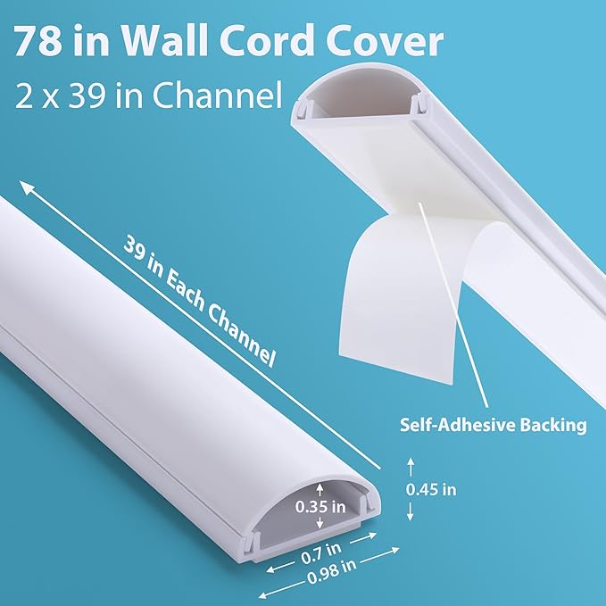 ZhiYo 78in TV Cord Hider for Wall Mounted TV, Self-Adhesive Wall Cord Concealer, Paintable Wire Covers for Cords, White Cord Cover, Half Round Cable Raceway for Floor - 2 x L39in x 1in (W) x 0.5in (H)