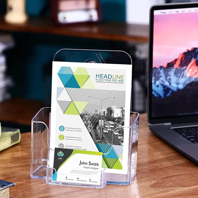 Remerry 8 Set 6.5 Inch Acrylic Brochure Holder with Business Card Pocket, Wide Bifold Clear Brochure Display Stand Flyer Holder for Pamphlet Literature Magazine Booklet, Desk or Wall Mount Display