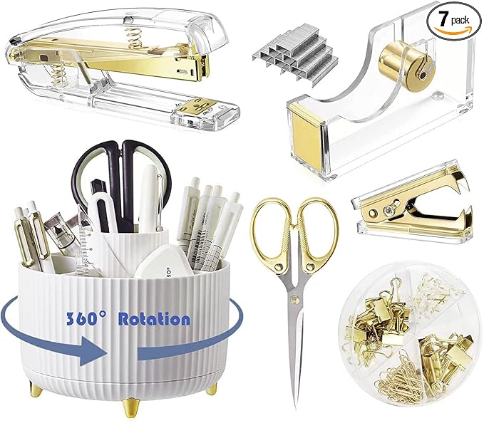 Gawsey Gold Desk Organizers and Accessories Set with 360-Degree Rotating Pen Holder, Acrylic Stapler, Tape Holder, Staple Remover, Binder/Paper Clips Kit, Scissor and 1 Box of Staples