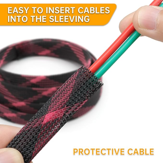 Braided Cable Sleeve, 33ft Expandable Wire Loom for Automotive Wiring Harness & PC Case, Pet-Proof Chew Resistant Cord Protector, Flexible Cable Management (Black-Pink, 10mm (3/8"))