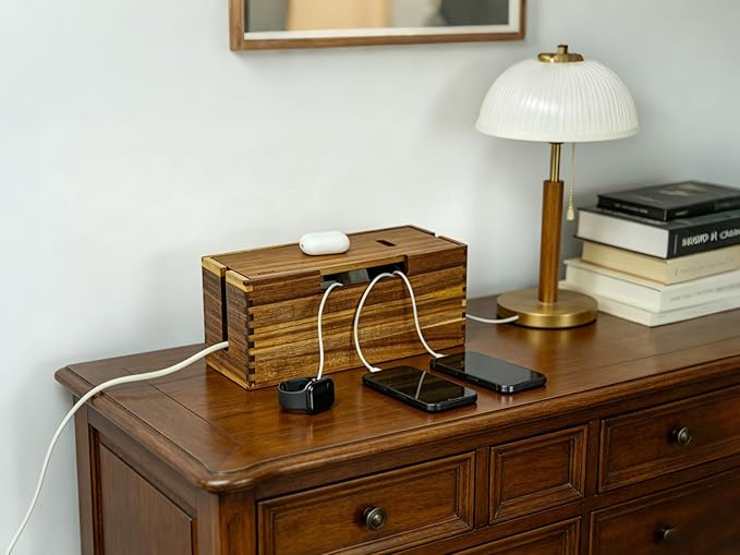 Acacia Wood Cable Management Box, Large Wooden Cord Hider Organizer for Power Strip, TV Wires, Desk & Floor Electrical Cords - Under Desk Wire Storage Box for Home Office Cable Organization