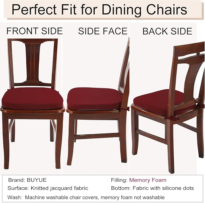 BUYUE Luxury 100% Pure Memory Foam Chair Cushions 4 Pack, Jacquard 16" U-Shape Comfortable Dining Chair Pads, Removable Slip Resistant Kitchen Chair Seat Cushions, (Set of 4, Burgundy)