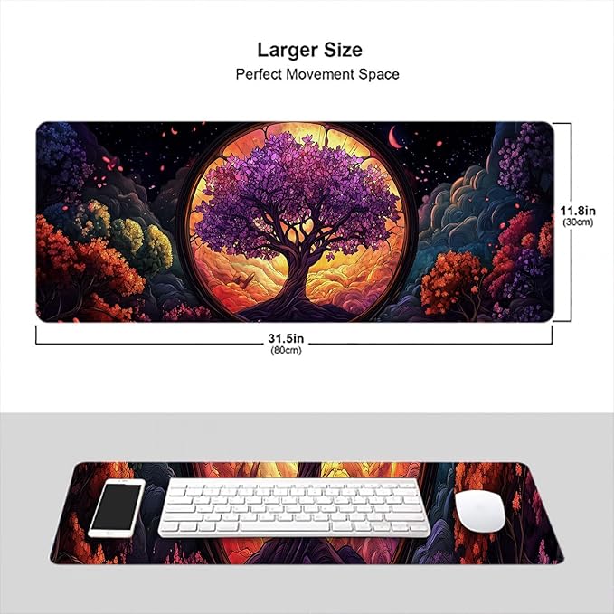 Tree of Life Desk Mat Glass Fantasy Purple Cherry Blossoms Extended Gaming Mouse Pad Mat with Stitched Edge Non-Slip Base Big Mouse Pad 31.5"x11.8" Office Computer Keyboard Laptop Home
