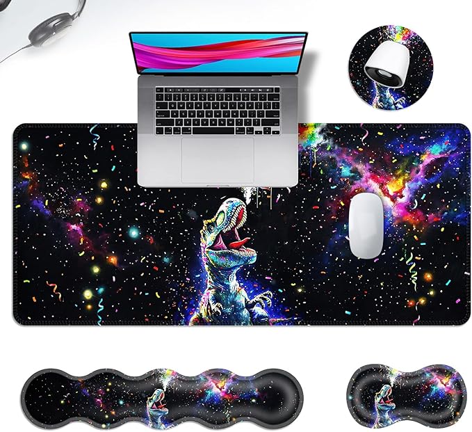 Ergonomic Mouse Pad Set with Wrist Support for Keyboard and Wrist Rest for Mouse, Memory Foam Comfort, Non-Slip Large Desk Mat for Home Office Pain Relief,Colorful Dinosaur