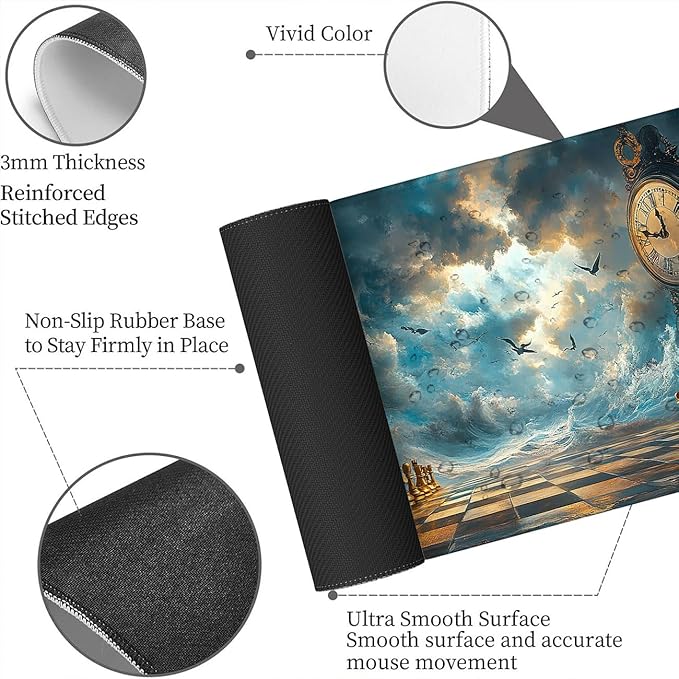 Clock Desk Mat Checkerboard Sky Bird Gaming Mouse Pad Mat with Stitched Edge Non-Slip Base Big Mouse Pad Designed for Laptop, Monitor, and Typing Comfort 31.5x11.8 Inch