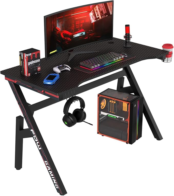 BestOffice Office Chair Mesh Computer Chair Lumbar Support Armrest Mid Back Task Chair and 47 Inch Gaming Desk Carbon Fiber Table Gamer Workstation Cup Holder