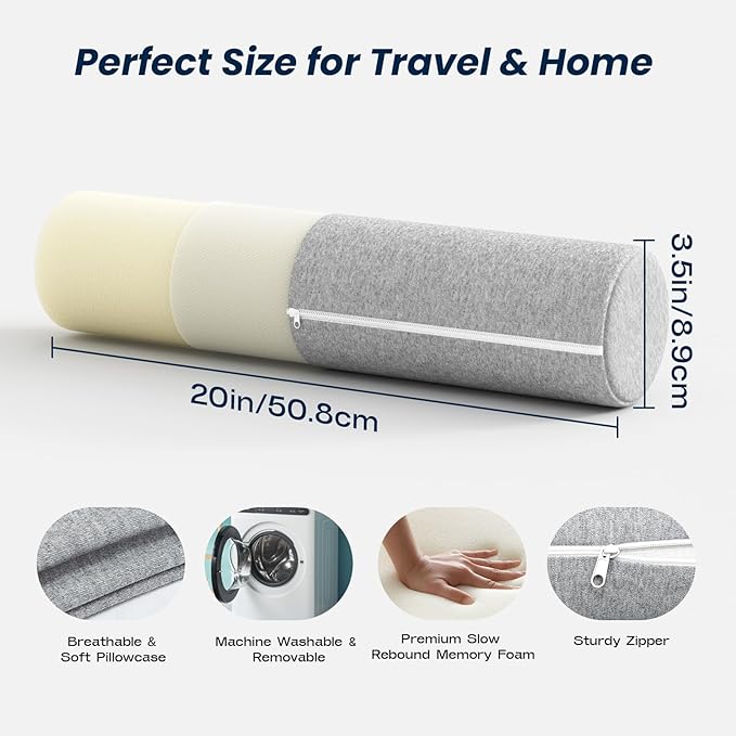 Neck Roll Cervical Pillow for Neck Pain Relief - Memory Foam Neck Pillow for Bed | Round Neck Pillows for Sleeping (Grey, X-Small - 3.5" H)