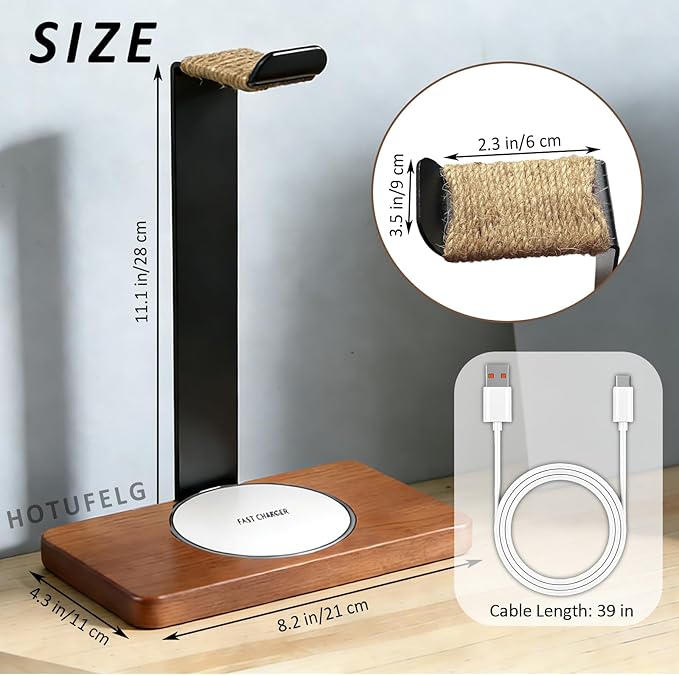 Handmade Wood Headset Stand with 15W Wireless Charging Pad- QI Wireless Charging Dock Compatible with iPhone 17/16/15/14 /Samsung Series,2-in-1 Universal Holder for All Table Headphones